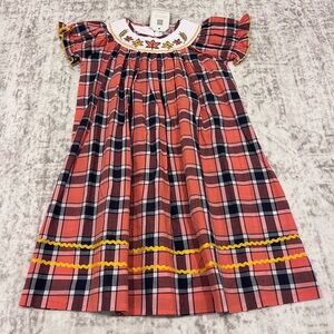 Lil Cactus Plaid Smocked Bishop Dress with Leaf Embroidery